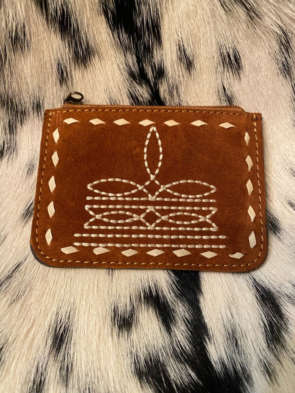 New American Darling Brown Suede Zip Coin Wallet with White Stitching